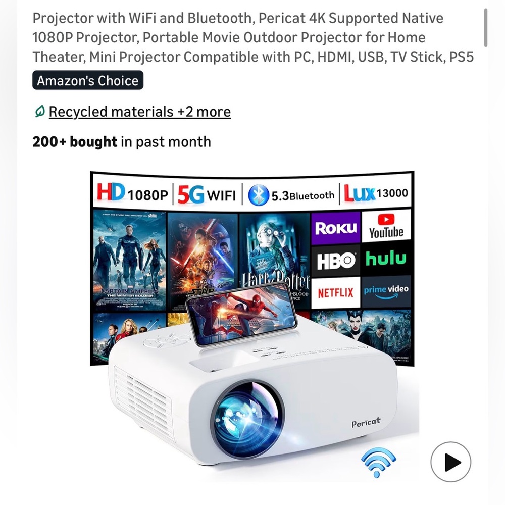White 1080P Projector with WiFi and Bluetooth